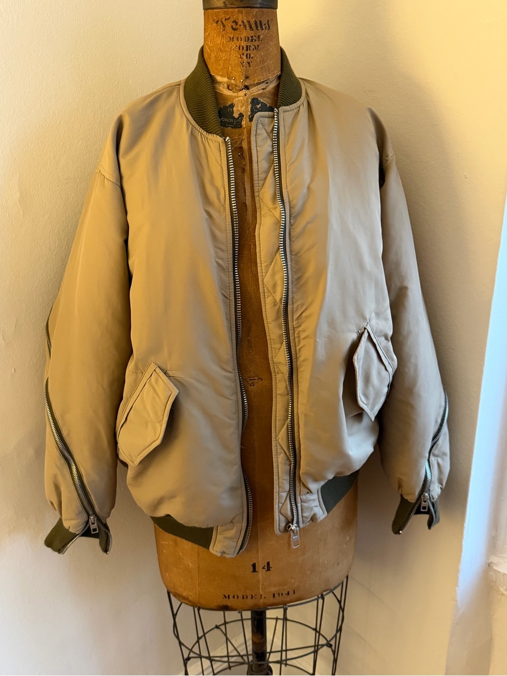 Zara Women’s Small Tan Bomber Jacket with Olive Green Ribbing